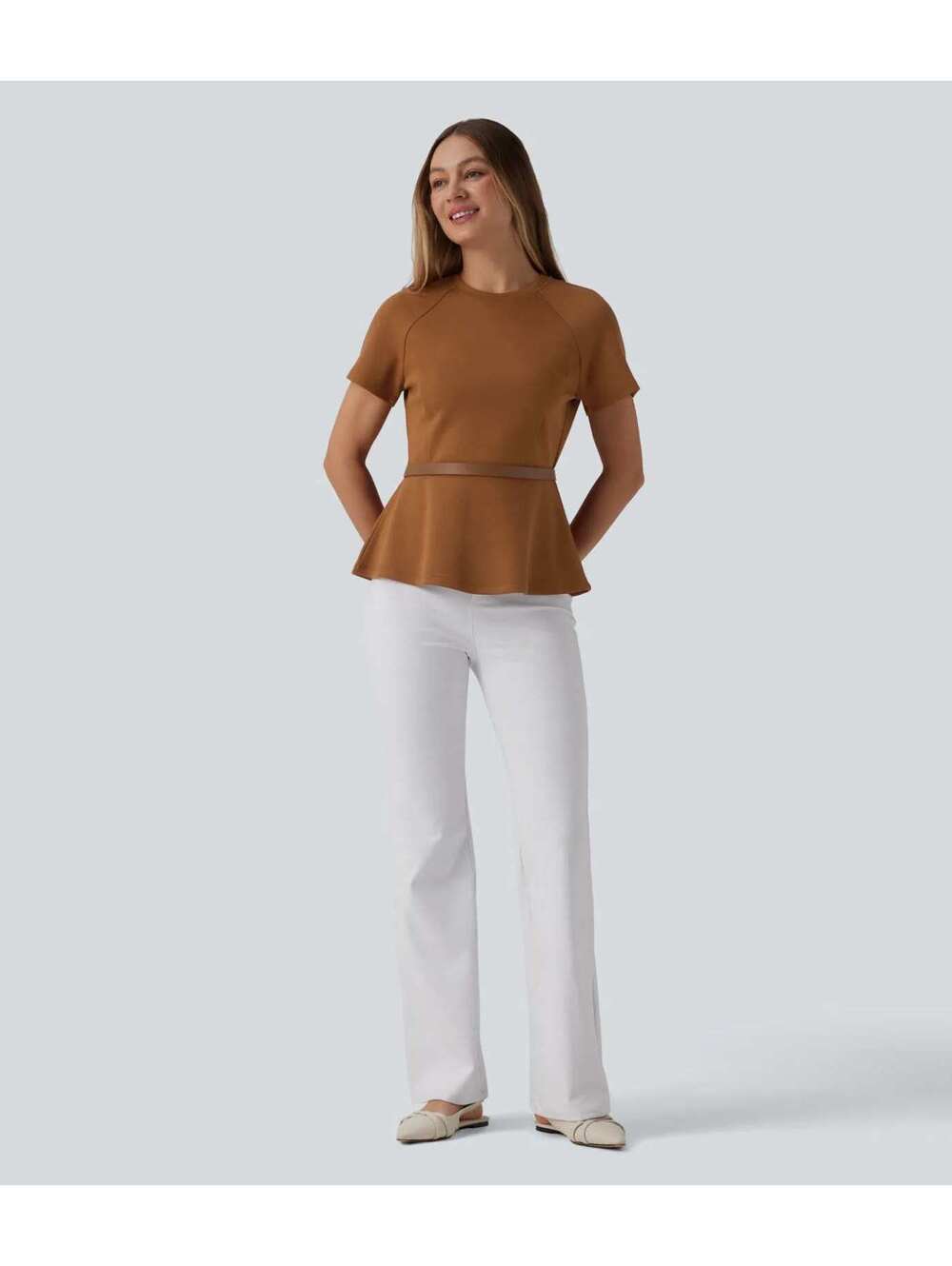 Halara Round Neck Short Sleeve Work Peplum Top Glazed Ginger Size XS - Picture 8 of 8